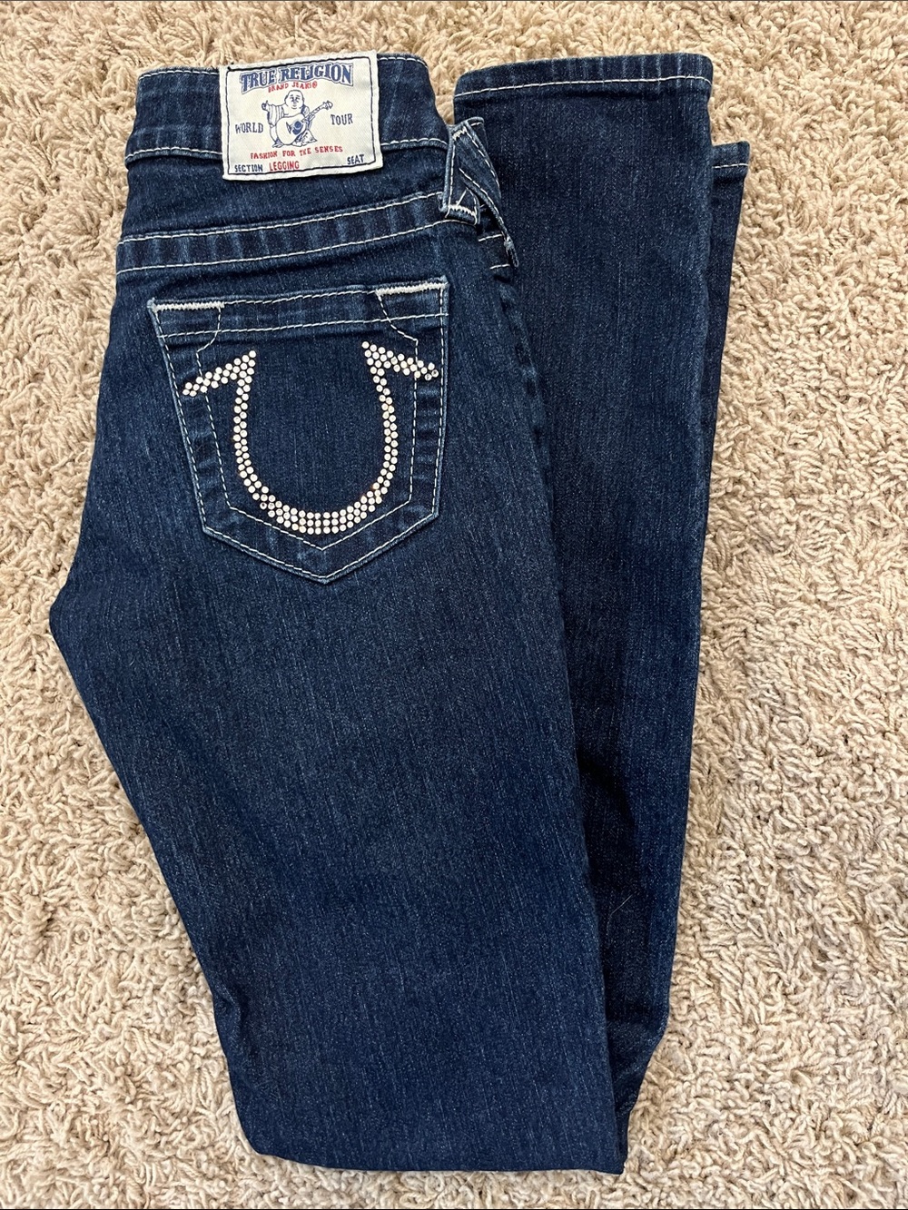 True Religion Women's Dark Indigo Rhinestone Horseshoe Bootcut Jeans
